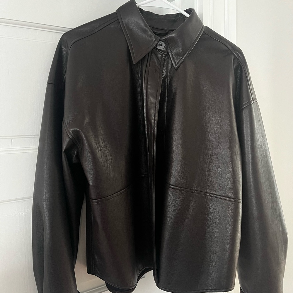 Babaton Dark Brown Leather Shirt Jacket